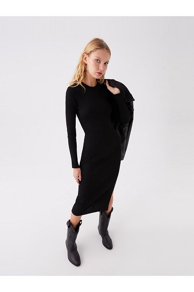 LC Waikiki Жіноче трикотажне плаття з екіпажною шиєю з прямим довгим рукавом
