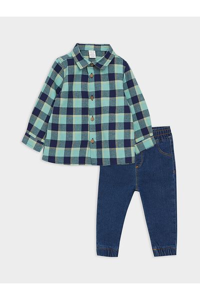 LC Waikiki Long Sleeve Plaid Patterned Baby Boy Shirt and Jean Pants 2 Pieces Set