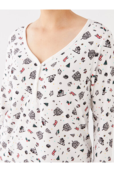 LC Waikiki Súprava dámskeho pyžama s dlhým rukávom s vianočným výstrihom do V