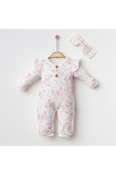 DIDuStore COŞAY BABY GIRL 0-3 - 3-6 - 6-9 MONTHS BUTTERFLY AND ROSE HAIR BAND JUMPSUIT