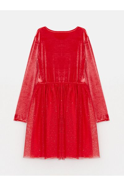 LC Waikiki Crew Neck Long Sleeve Velvet Girls' Dress