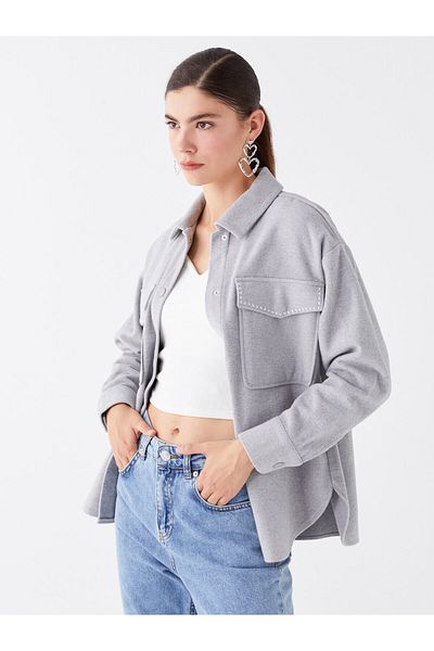 LC Waikiki Shiny Stone Printed Long Sleeve Oversize Women's Shirt Jacket