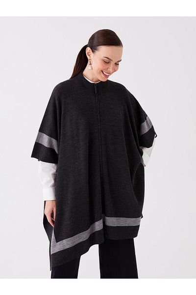 LC Waikiki Stand Collar Stripe Patterned Oversize Women's Knitwear Poncho