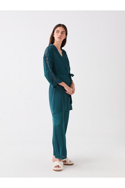LC Waikiki LCW DREAM Shawl Collar Lace Detailed Satin Women's Dressing Gown