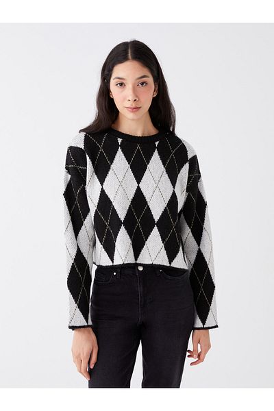 LC Waikiki Gemusterter, langärmliger, übergroßer Damen-Strickpullover mit Rundhalsausschnitt