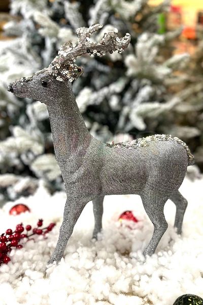 Huzur Party Store Ασημί Χρώμα Κομψό Ελάφι Glittery 45 εκ. Πόδι με Κέρατο Πίσω Λεπτομέρεια Πρωτοχρονιάτικο Στολίδι