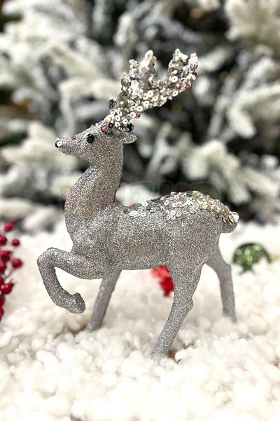Huzur Party Store Ασημί Χρώμα Κομψό Ελάφι Glittery 30 εκ. Παγιέτα με κέρατο πέλματος Πρωτοχρονιάτικο Στολίδι