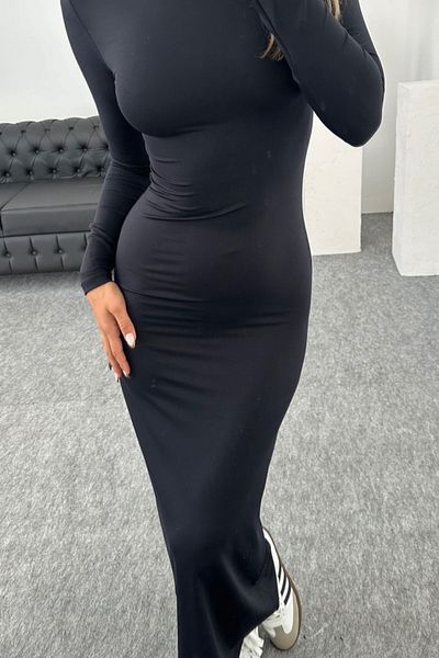 FMN Moda țesătură atlas de damă, lungime midi lungă, care îmbrățișează pe corp, rochie elegantă pinterest cu mânecă lungă