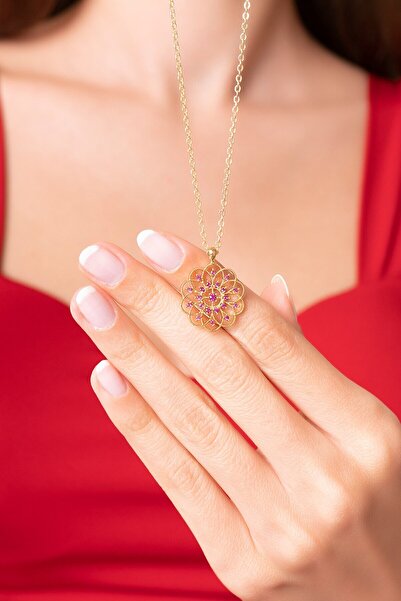 Sahira Jewelry Yaşam Çiçeği Ruby Taşlı 14 K Rose Gold Kaplama Kadın Kolye