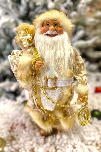 Huzur Party Store 45 Cm Santa Claus Gold White Color Decorative Furry Standing New Year Christmas Ornament Decor