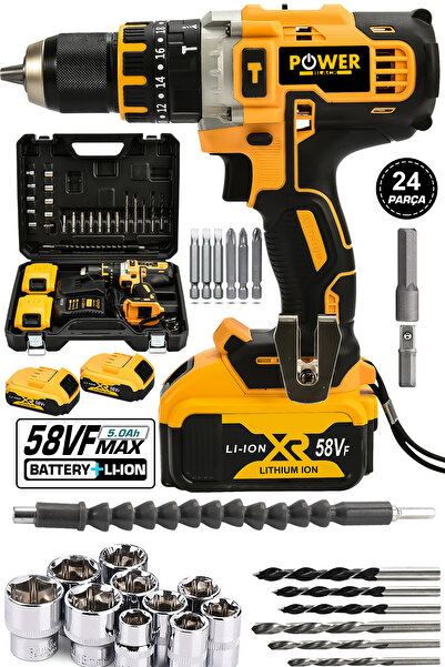 POWER BLACK 58 Vf 5ah Metal Şanzuman Çift Akülü Şarjlı Darbeli Matkap 24 Parç...