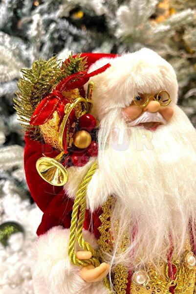 Huzur Party Store 30 Cm Noel Baba Kırmızı Gold Renk Dekoratif Kürklü Ayakta Durabilen Yeni Yıl Yılbaşı Süsü Dekor
