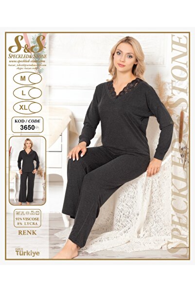 S&S SPECKLED & STONE Yarasa kol V Yaka Soft Dantelli Kışlık Likralı Yün Visko...