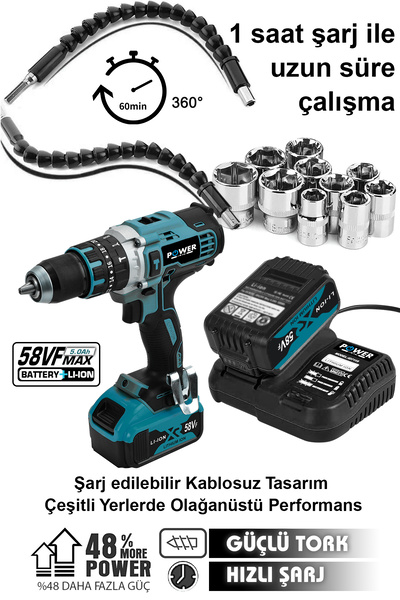 POWER BLACK 58 Vf 5ah Metal Şanzuman Çift Akülü Şarjlı Darbeli Matkap 24 Parça Akülü Vidalama
