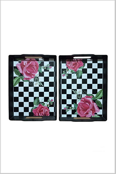 SEDEF LED SHOP Rose Patterned Tray Set of 2 Black