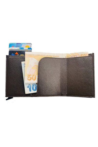 Astakos Leather Brown Men's Card Holder Wallet with Coin Compartment and Automatic Mechanism