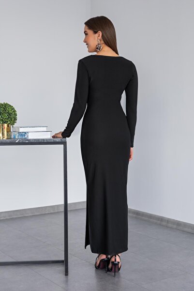 lovebox Dámské ohebné látkové, čtvercový výstřih s dlouhým rukávem, podrobný rozparek, základní černé večerní šaty 21114