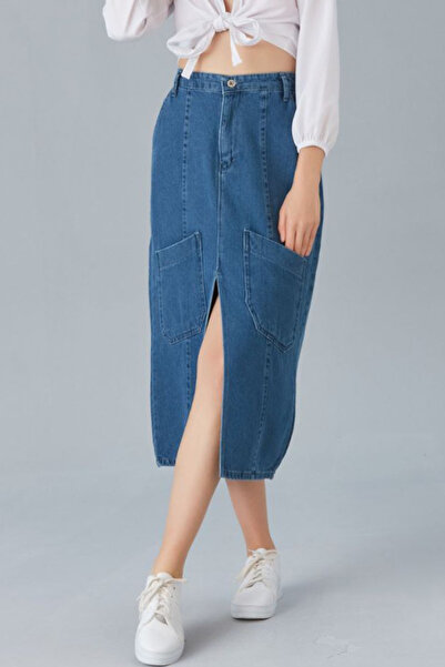 fehika Жіноча темно-синя прана джинсова тканина, зручний крій, кишені Mom Cargo, глибокий розріз, довга джинсова спідниця