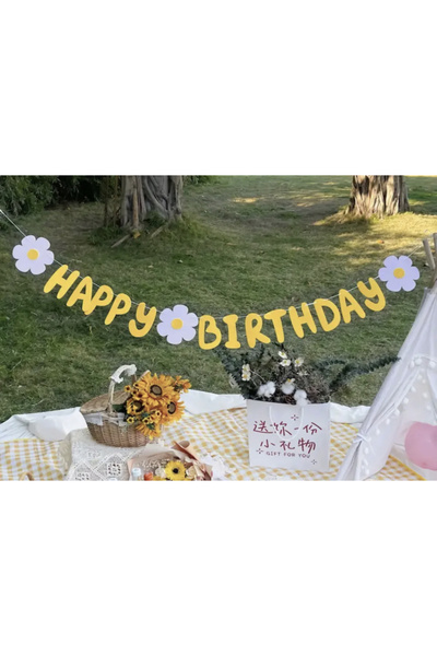 Çemrek Süs Parti Papatyalı Happy Birthday Yazısı Flama