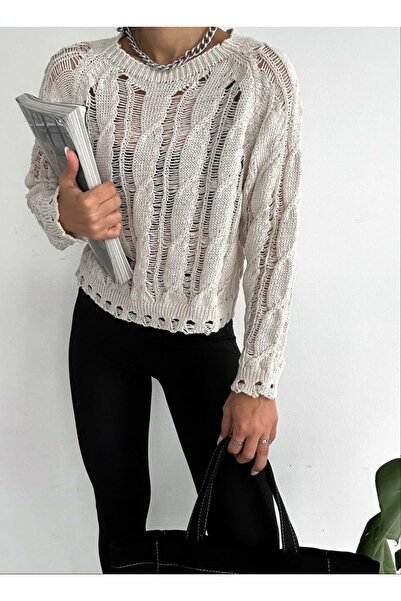 RECEP AYDIN Pulover oversize tricotat tricotat cu păr detaliat ecru rupt