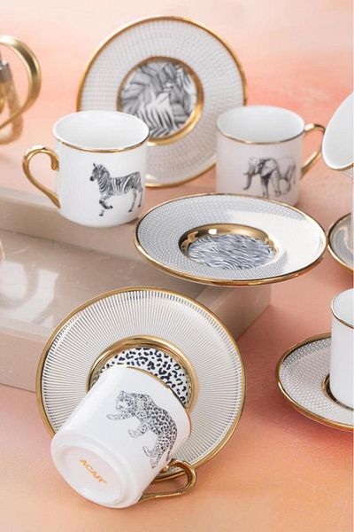 ACAR Tilda Safari Animal 6-Person Porcelain Coffee Cup Set - 90 ml 5119