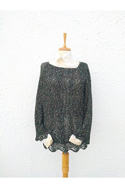 Hippybutik Ceviz Yeşili Reglan Kol El Örgüsü Tasarım Tunik Kazak