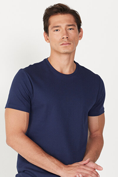 ALTINYILDIZ CLASSICS Men's Navy Blue Slim Fit Narrow Cut Crew Neck 100% Cotton T-Shirt