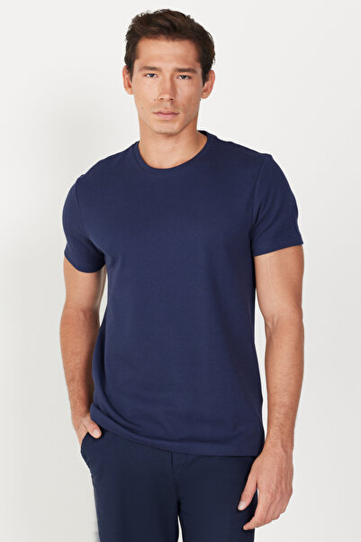 ALTINYILDIZ CLASSICS Men's Navy Blue Slim Fit Narrow Cut Crew Neck 100% Cotton T-Shirt
