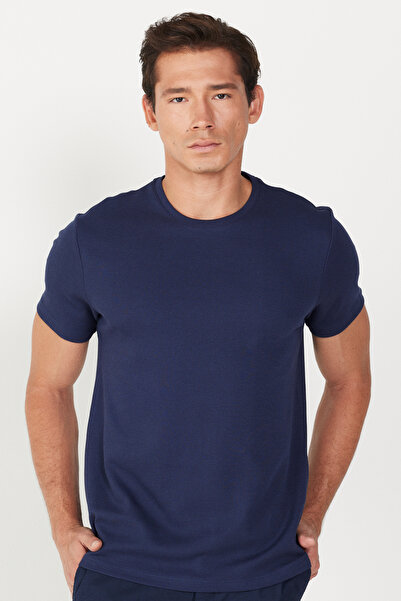 ALTINYILDIZ CLASSICS Men's Navy Blue Slim Fit Narrow Cut Crew Neck 100% Cotton T-Shirt