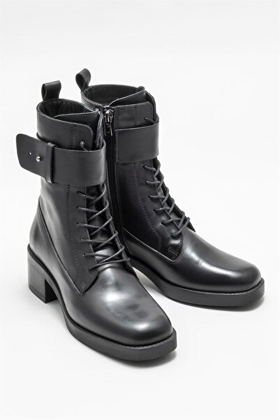Elle Shoes Siyah Deri Kadın Topuklu Bot