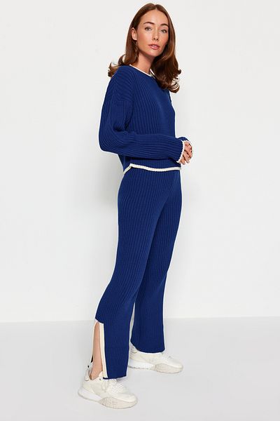 Trendyol Collection Navy Blue Corded Color Blocked Knitwear Top and Bottom Set TWOAW24AU00021