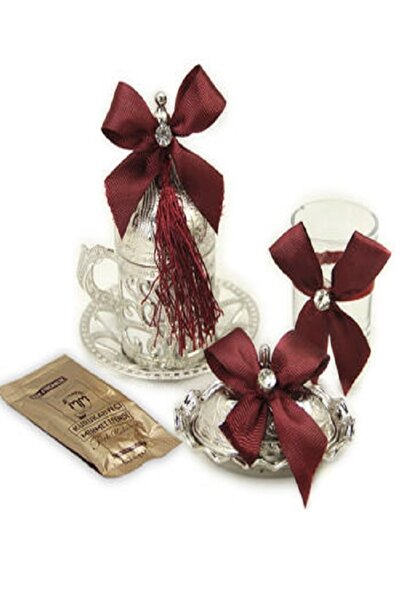 Kazanabil SÜSLEMELİ DAMAT KAHVE FİNCANI SETİ BORDO GÜMÜŞ