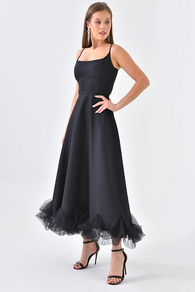 barış sülün lovebox Thin Strap Flared Cut Cotton Atlas Fabric Skirt with Tulle Detail Midi Length Black Evening Dress 9326
