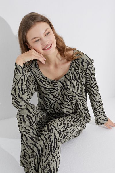Siyah İnci green black camisole Knitted Pajama Set