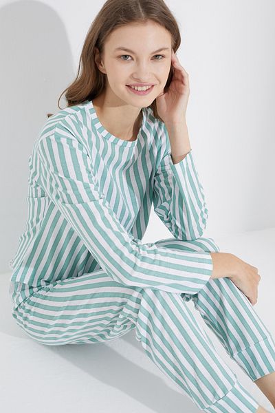 Siyah İnci πράσινο λευκό Jogger Knitted Sleepwear Σετ
