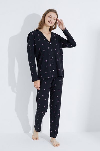Siyah İnci Black Pink Heart Buttoned Knitted Pajama Set