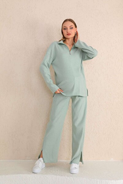 Miss Dünya Lissa Yeşil Fermuar Yakalı Yumoş Kumaş Hamile ve Lohusa Eşofman Takımı