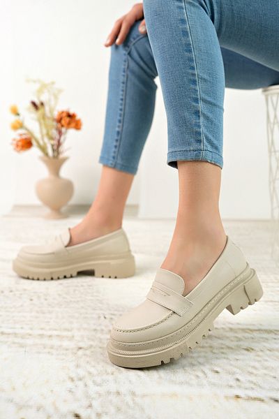 EnZEnes Women's Thick Sole Beige Loafer Loafer Shoes