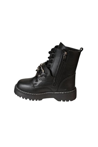 Yaz Kış Ayakkabı Kız Çocuk Siyah Krem Kalın Taban Fermuarlı Bağcıklı Soğuya Kışa Dayanıklı Uzun Postal Bot