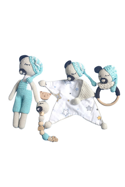 NesliWorld Amigurumi ahşap diş kaşıyıcı,emzik tutucu ve uyku arkadaşı el örgüsü set
