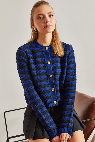Bianco Lucci Women's Buttoned Side Braided Striped Knitwear Cardigan