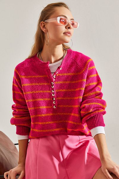 Bianco Lucci Women's Buttoned Collar Turtleneck Striped Knitwear Sweater