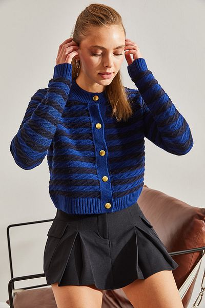 Bianco Lucci Women's Buttoned Side Braided Striped Knitwear Cardigan