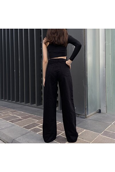 LİMABEL Women's High Waist Black Lycra Loose Jeans Stretchy Palazzo Jeans