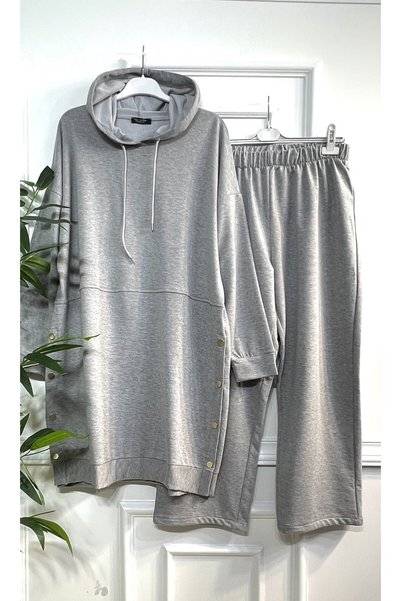 Aşkı Endam Large Size Story Hooded Button Detailed Two Thread Jersey Set - Gray