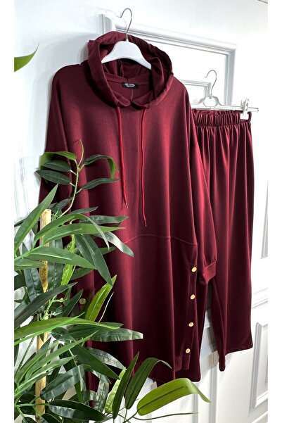 Aşkı Endam Plus Size Story Hooded Two Thread Combed Cotton Set with Button Detail - Claret Red