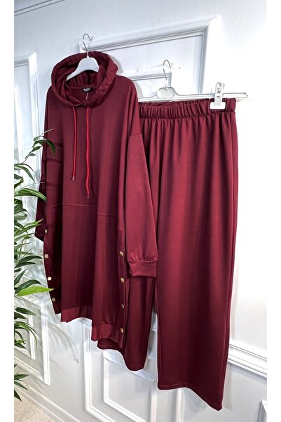 Aşkı Endam Plus Size Story Hooded Two Thread Combed Cotton Set with Button Detail - Claret Red
