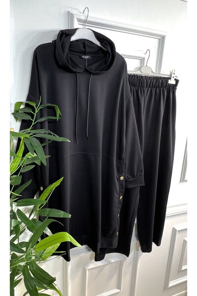 Aşkı Endam Plus Size Story Hooded Two Thread Combed Cotton Set with Button Detail - Black