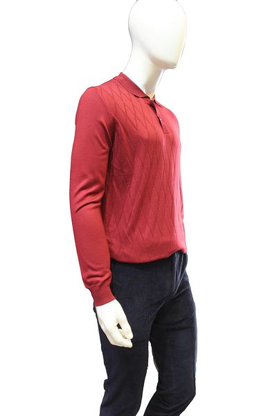 Diandor Men's Thin Soft Polo Neck Diamond Patterned Sweater Red