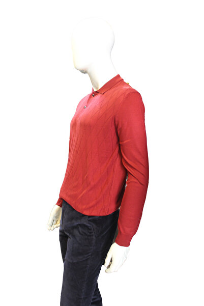 Diandor Erkek İnce Yumuşak Polo Yaka Baklava Desenli Kazak Kırmızı